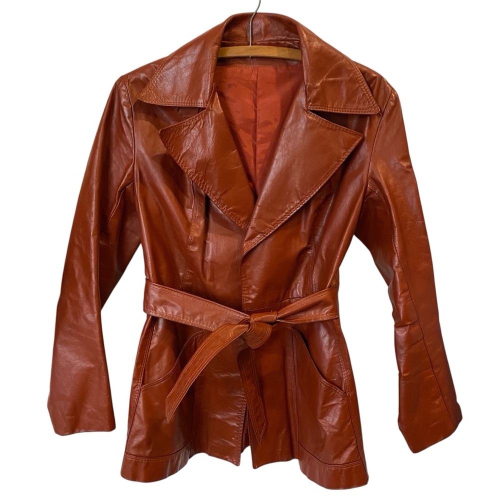 Vintage 1970s Cognac Brown Belted Leather Jacket Mod Hippie Trench Coat